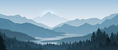 Realistic mountains landscape. Morning wood panorama, pine trees and mountains silhouettes. Vector forest background