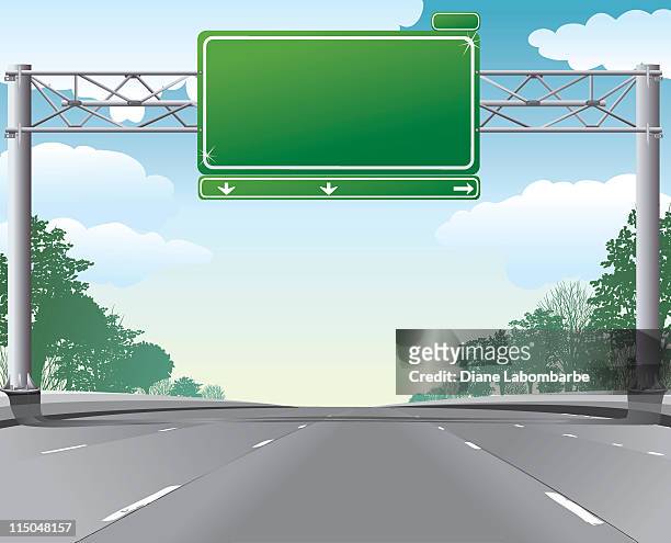 empty highway scene with blank overhead directional road sign - multiple lane highway stock illustrations