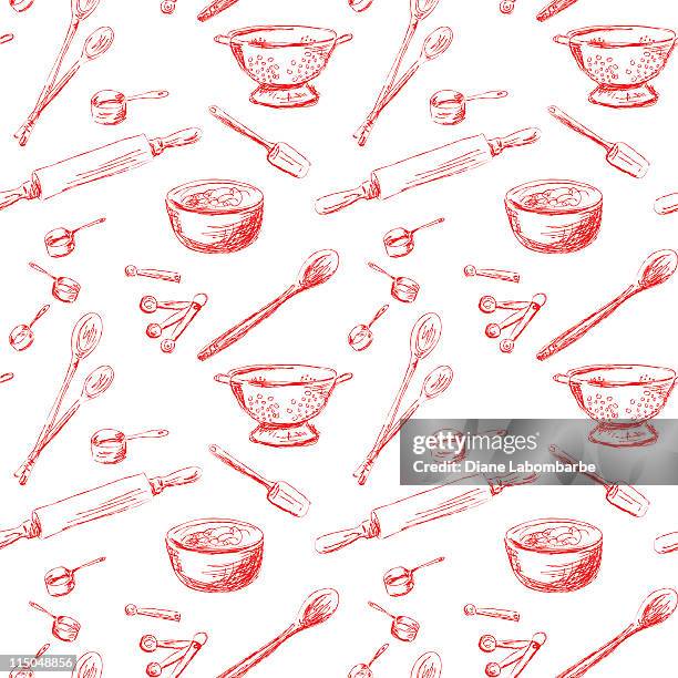 bildbanksillustrationer, clip art samt tecknat material och ikoner med seamless repeating retro kitchen gadgets pattern red lineart on white - träsked