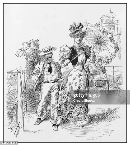 antique illustration: elegant couple - short guy tall woman stock illustrations