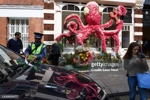 Traffic warden places a parking ticket on an illegally parked car next to a floral display in the window of the Kiki McDonough store near Sloane...