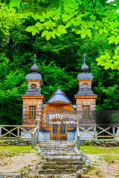 Russian Chapel on the Vr_i_ pass. Triglav National Park. Julian Alps. Upper Carniola region. Slovenia, Europe.