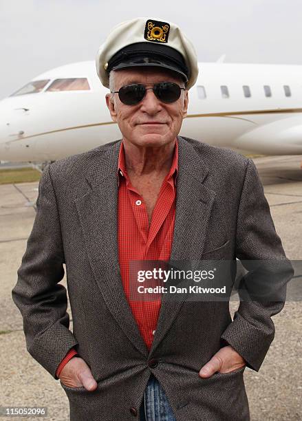 Playboy founder Hugh Hefner arrives at Stansted Airport on June 2, 2011 in Stansted, England. Mr Hefner is back in the UK to mark the launch of the...