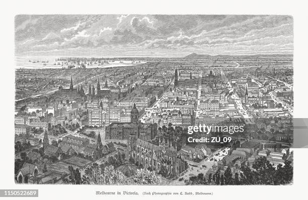 historical view of melbourne, victoria, australia, wood engraving, published 1897 - melbourne australia stock illustrations