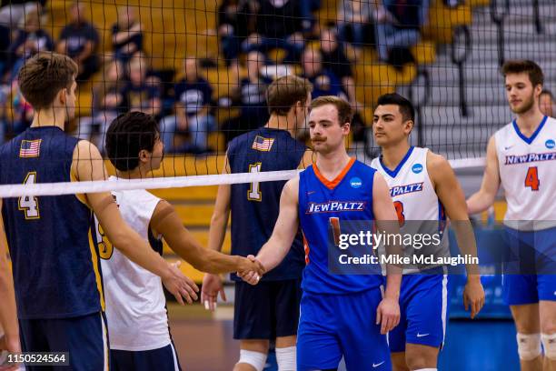 The SUNY New Paltz Hawks take on the UC Santa Cruz Banana Slugs during the Division III Men's Volleyball Championship held at Harwood Arena on April...