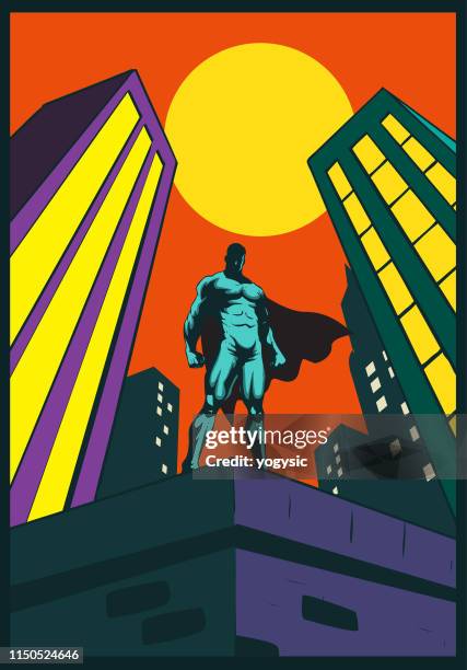 vector superhero standing on a rooftop in the city - guarding building stock illustrations