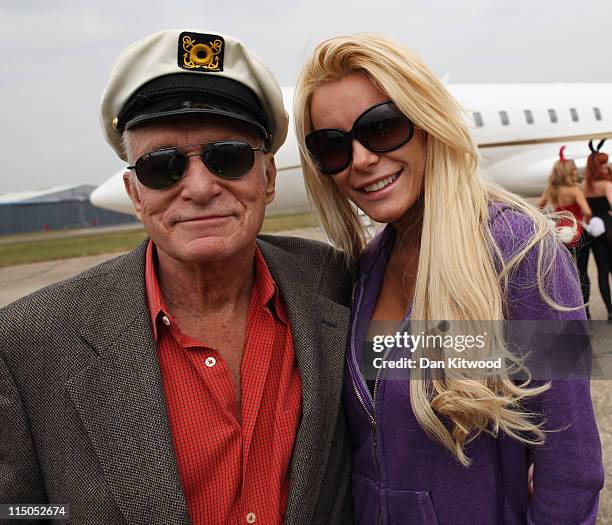 Playboy founder Hugh Hefner and his fiance Crystal Harris arrives at Stansted Airport on June 2, 2011 in Stansted, England. Mr Hefner is back in the...