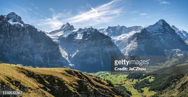 alps iconic swiss alpine peaks panorama above grindelwald - eiger mönch jungfrau stock pictures, royalty-free photos & images