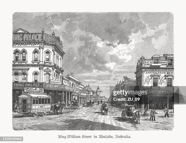 ilustraciones, imágenes clip art, dibujos animados e iconos de stock de king william street, adelaide, australia meridional, grabado en madera, publicado 1897 - australia meridional