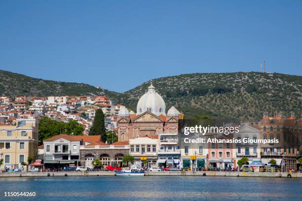 Waterfront at Mytilene town and harbour on May 19, 2019 in Mytilene, Greece.