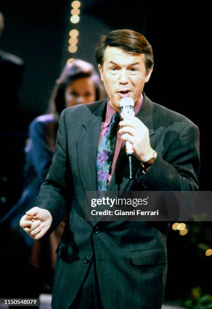 Italian-born Belgian singer Salvatore Adamo performs, Madrid, Spain, 1991.