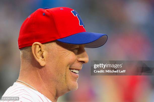 Actor Bruce Willis looks on prior to the game between the Milwaukee Brewers and Philadelphia Phillies at Citizens Bank Park on May 15, 2019 in...