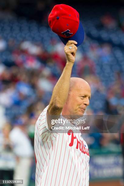 Actor Bruce Willis looks on prior to the game between the Milwaukee Brewers and Philadelphia Phillies at Citizens Bank Park on May 15, 2019 in...