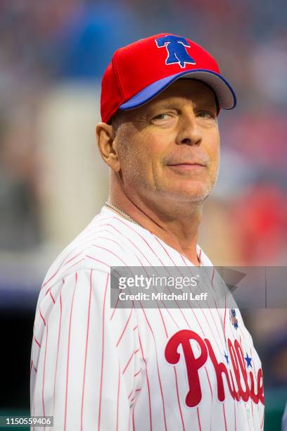 Actor Bruce Willis looks on prior to the game between the Milwaukee Brewers and Philadelphia Phillies at Citizens Bank Park on May 15, 2019 in...