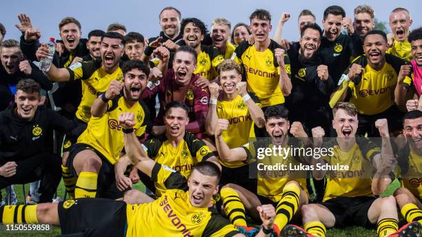 Team of Dortmund celebrate their win after the Borussia Dortmund U 19 v FC Schalke 04 U19 A-Juniors German Championship Semi Final Leg Two at Stadion...
