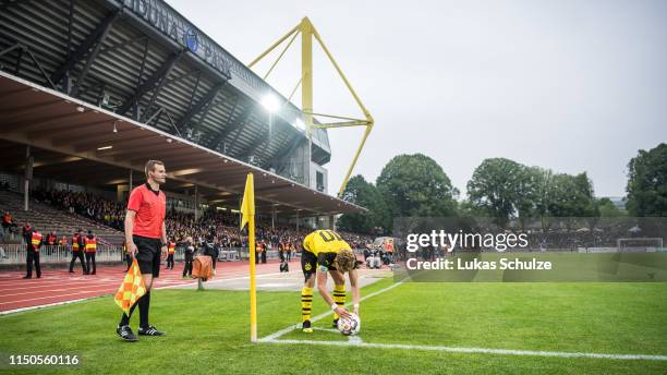 Enrique Pena Zauner of Dortmund prepares a corner kick during Borussia Dortmund U 19 v FC Schalke 04 U19 A-Juniors German Championship Semi Final Leg...