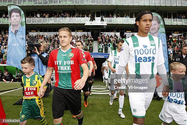 Jens Toornstra ,Virgil van Dijk during the Eredivisie play off match between FC Groningen and ADO den Haag at the Euroborg stadium on May 29, 2011 in...