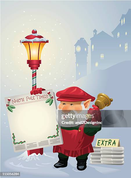 elf holding blank newspaper by snowy lamp post - christmas north pole background stock illustrations