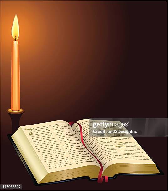 good book and candle - biblical event stock illustrations