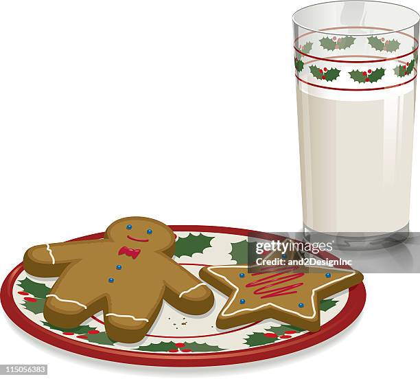 milk and cookies left out overnight for santa - christmas plate stock illustrations