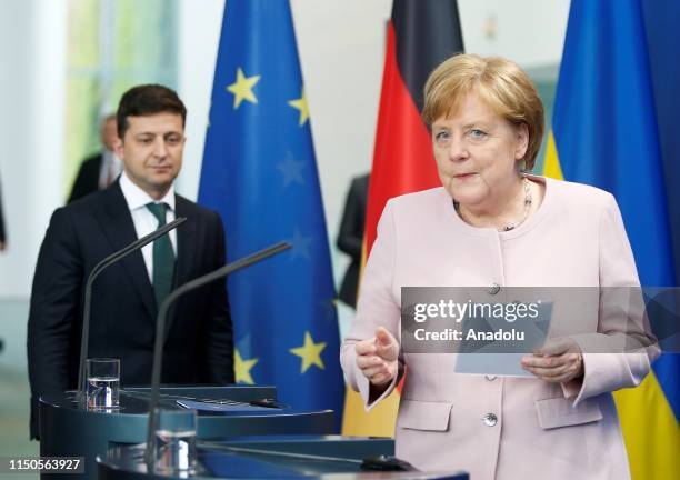 German Chancellor Angela Merkel and President of Ukraine Vladimir Zelenskiy hold a joint press conference after their meeting on June 18, 2019 in...