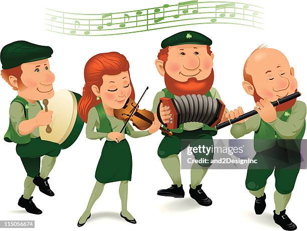 irish band wearing green and playing instruments - irish jig stock illustrations