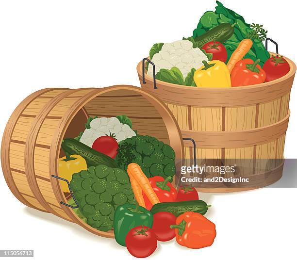 ilustrações, clipart, desenhos animados e ícones de monte cestas cheias de vários legumes - cauliflower