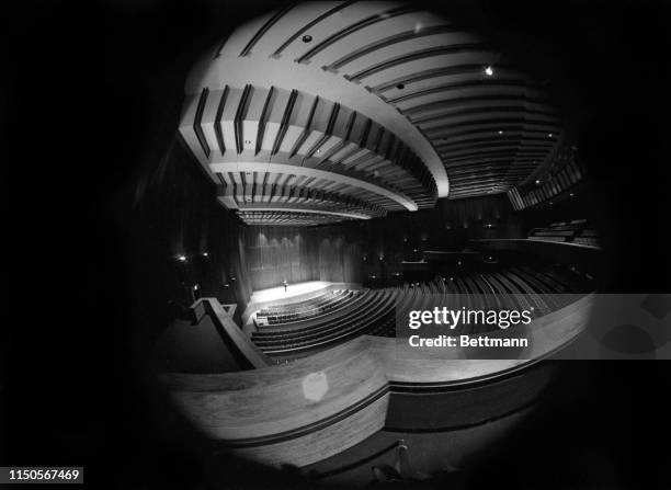 The fisheye lens captures the interior of the 1,096 seat Alice Tully Hall, which opened with a gala chamber concert, September 11, 1969.