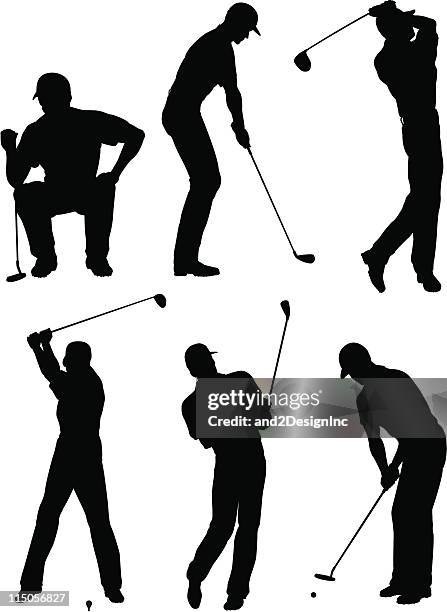 ilustraciones, imágenes clip art, dibujos animados e iconos de stock de golfista siluetas - palo de golf