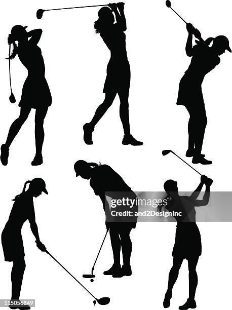 ilustraciones, imágenes clip art, dibujos animados e iconos de stock de siluetas de mujeres golfistas - palo de golf