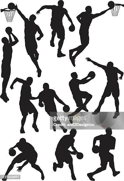 many different basketball silhouettes - basketball blocking shot stock illustrations