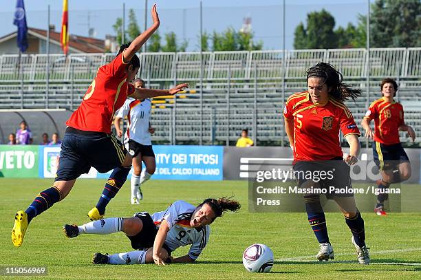 Nicole Rolser of Germany is injured during the UEFA European Women's U19 Championship match between Germany and Spain at Nanni Stadium on June 2,...