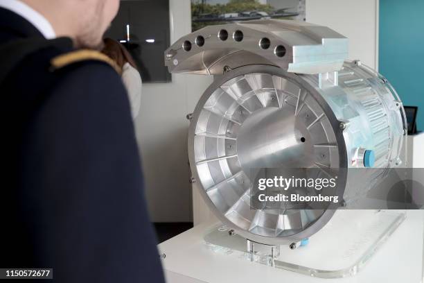 Siemens AG SP200D electric aircraft engine sits on display during the 53rd International Paris Air Show at Le Bourget in Paris, France, on Tuesday,...