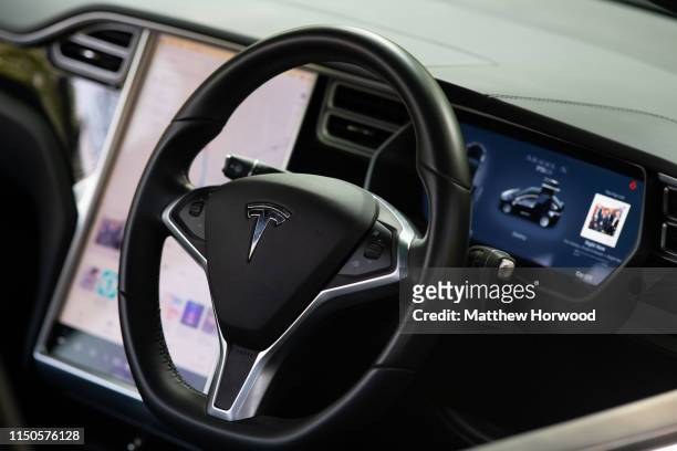 General view of the interior of a Tesla Model X electric car on April 29, 2019 in Cardiff, United Kingdom.