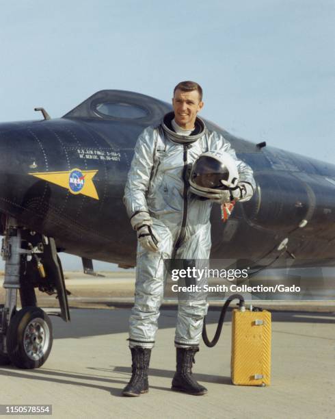Astronaut Joe Henry Engle poses in front of the X-15 Research Rocket aircraft, December 2, 1965. Image courtesy National Aeronautics and Space...