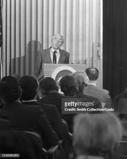 French researcher Jacques Cousteau briefs members of the press on his experiences during an Antarctic expedition with the oceanographic ship Calypso,...