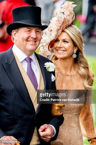 Queen Elizabeth II, King Willem-Alexander of The Netherlands and Queen Maxima of The Netherlands on day one of Royal Ascot at Ascot Racecourse on...