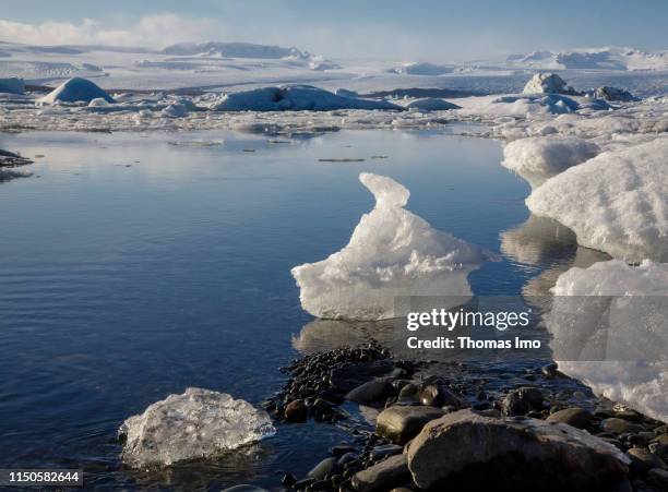 Chunks of ice drifting in a glacier lagoon pictured on March 30, 2019 in Joekulsarlon , Iceland.