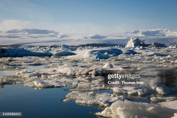 The icy landscape of the Joekulsarlon Glacier pictured on March 30, 2019 in Joekulsarlon , Iceland.