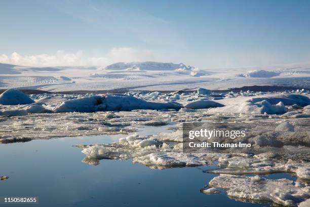 The icy landscape of the Joekulsarlon Glacier pictured on March 30, 2019 in Joekulsarlon , Iceland.