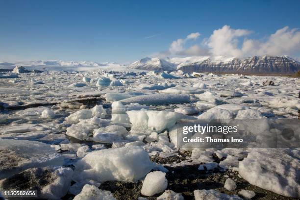 The icy landscape of the Joekulsarlon Glacier pictured on March 30, 2019 in Joekulsarlon , Iceland.