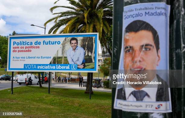 Partido Trabalhista Portugues and Iniciativa Liberal political advertisements on display in Marques de Pombal square on May 20, 2019 in Lisbon,...