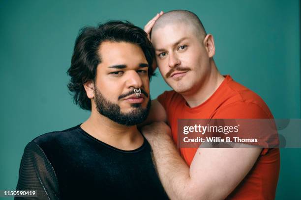 studio portraits of married gay couple - couple coloured background stock pictures, royalty-free photos & images