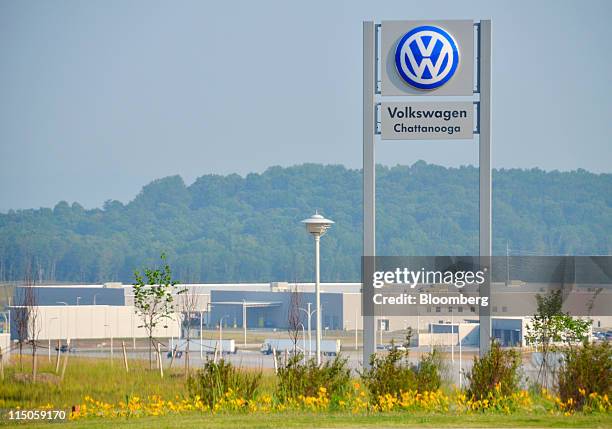 Signage stands outside the Volkswagen AG factory in Chattanooga, Tennessee, U.S., on Wednesday, June 1, 2011. Volkswagen of America Inc. Reported May...