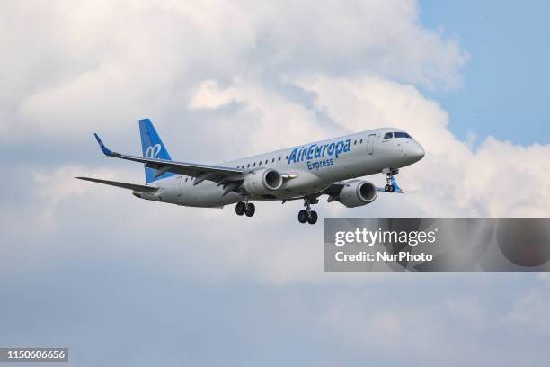 Air Europa Express Embraer ERJ-195LR Long range airplane approaching for landing Dusseldorf International Airport EDDL DUS in Germany. The Brazilian...