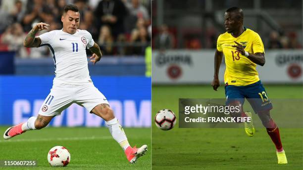 This combination of pictures created on June 18, 2019 shows Chile's forward Eduardo Vargas during the 2017 Confederations Cup semi-final football...