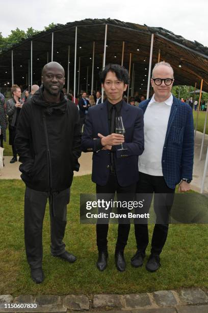 David Adjaye, Junya Ishigami and Hans-Ulrich Obrist attend a pre-opening drinks reception celebrating the 2019 Serpentine Pavilion designed by Junya...