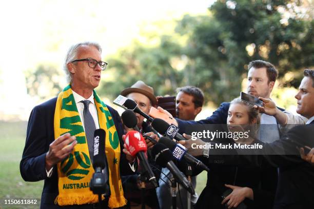 David Gallop speaks to media during a FFA press conference regarding Australia's bid for the 2023 FIFA Women's World Cup at Harmony Park on May 21,...