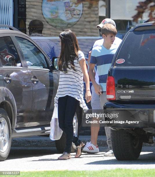 Selena Gomez and Justin Bieber seen on the streets of Toronto on June 2, 2011 in Stratford, Canada.