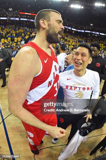 Marc Gasol and Jeremy Lin of the Toronto Raptors react after defeating the Golden State Warriors in Game Six of the NBA Finals on June 13, 2019 at...